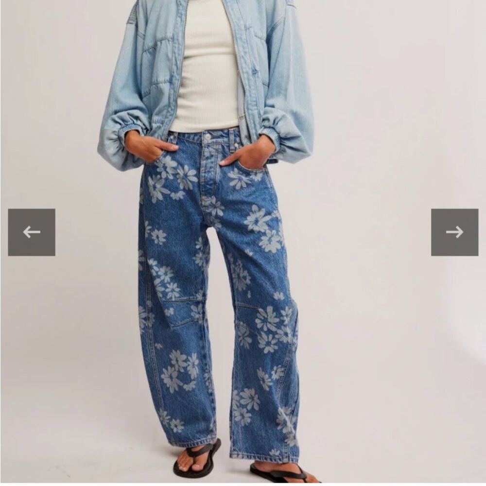 We The Free Good Luck Floral Printed Mid Rise Barrel Jeans